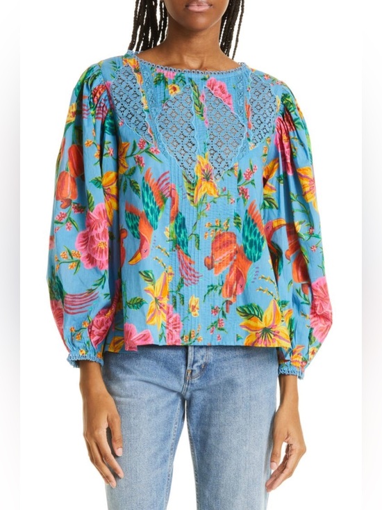 FARM Rio Tops - FARM Rio Blue Floral Lace-Trim Puff Sleeve Blouse